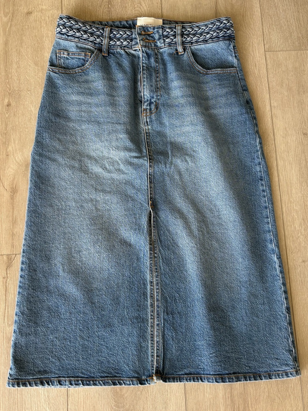 Habitual Medium Blue Washed Denim Midi Skirt with Braided Waistband Size 8